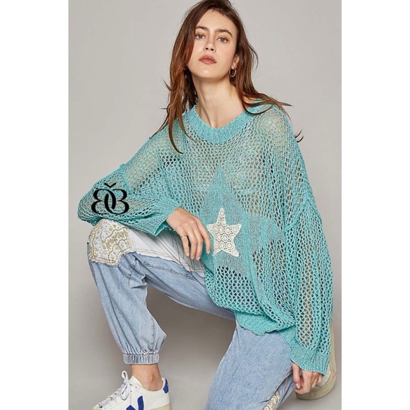 POL Blue Oversized Open Knit Sweater with Center Star Patch - Picture 3 of 11